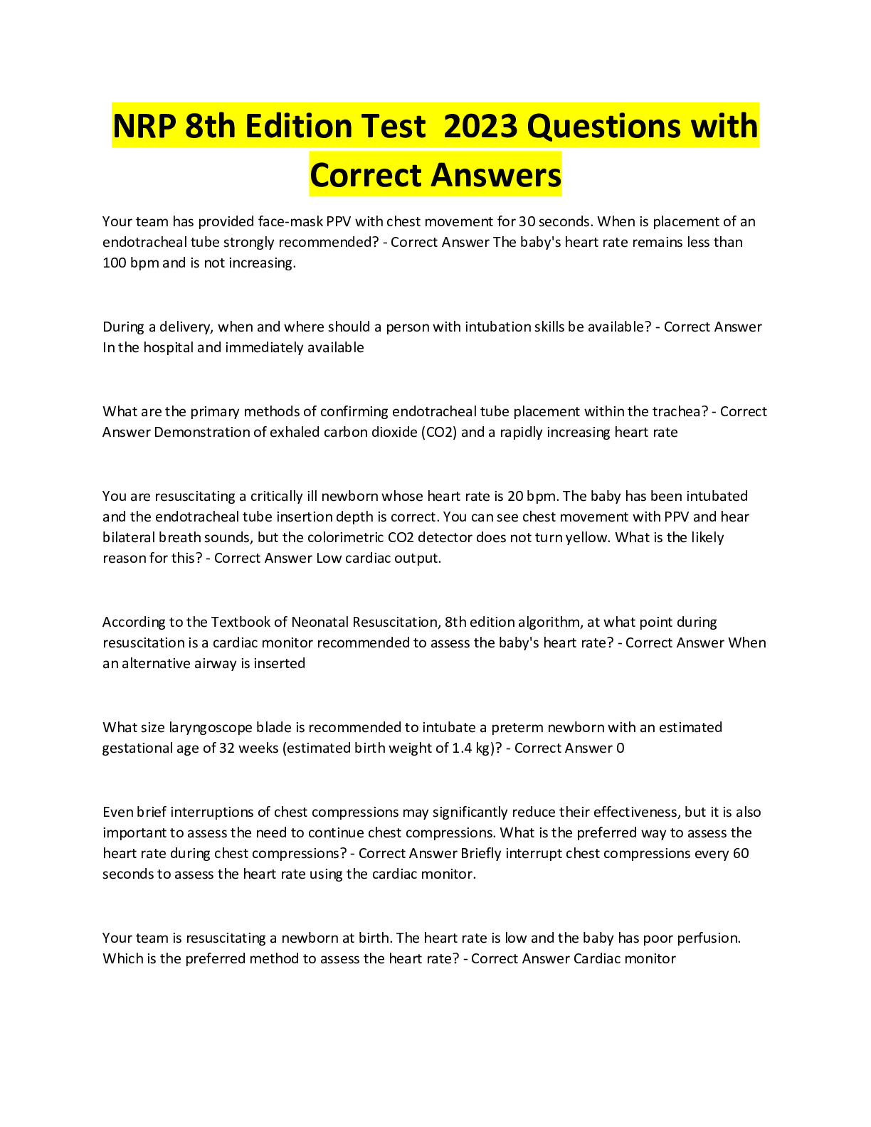 Preview image for NRP 8th Edition Test  2023 Questions with Correct Answers